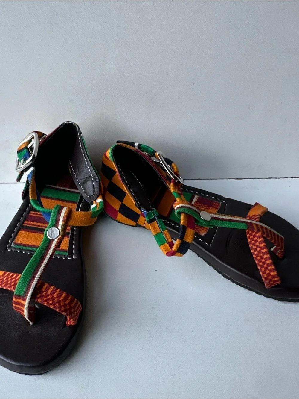 Handmade African Kente Print Fabric Leathe r Sandals Strappy Toddler Kids Size 5